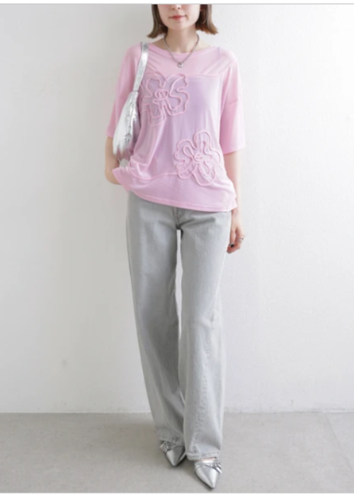 花コード刺繍 ルーズ シアー Tシャツ