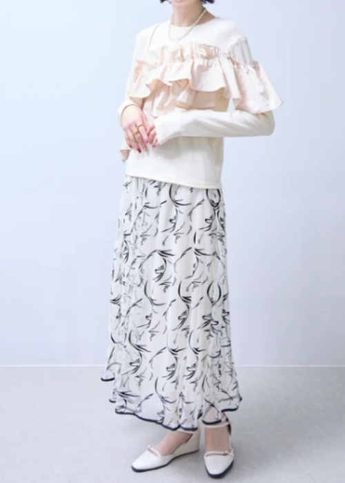 異素材フリル長袖トップス