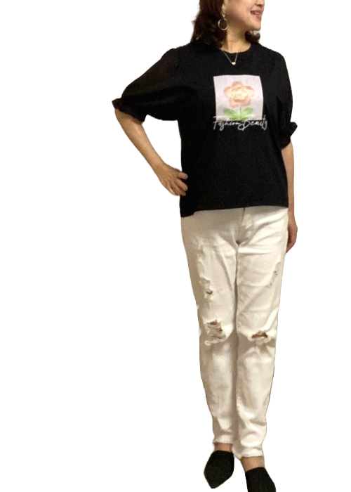 シアー切り替えボタニカルアートTシャツ