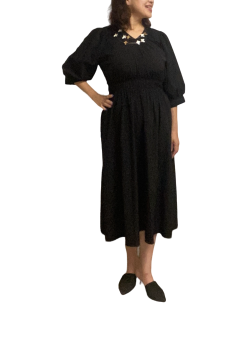 Vネック・ギャザーワンピース(black)