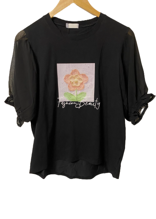 シアー切り替えボタニカルアートTシャツ