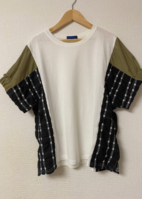 異素材切り替え・サイドチェックTシャツ