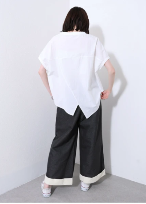 裾ロールアップ・デニム風パンツ