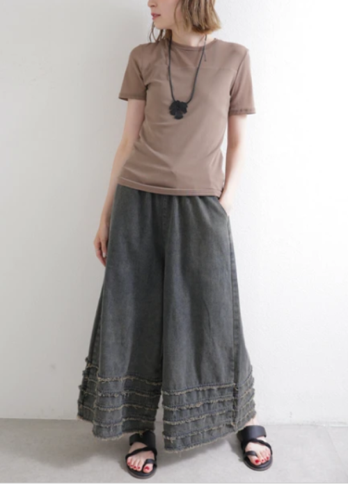 裾フリンジ切り替え・blackワイドデニム