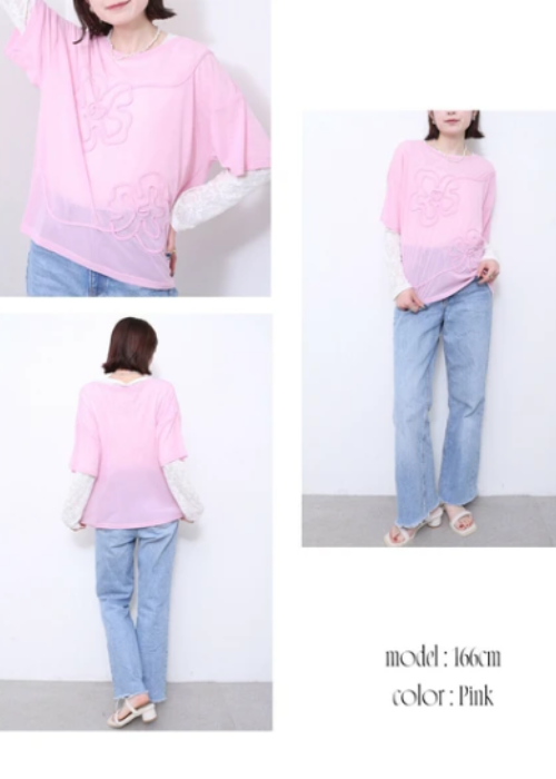 花コード刺繍 ルーズ シアー Tシャツ