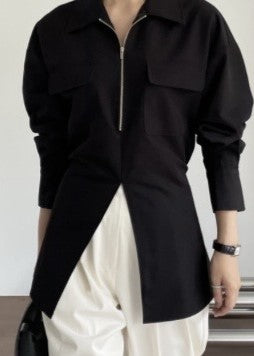 長袖フロントジッパー付きロングシャツ