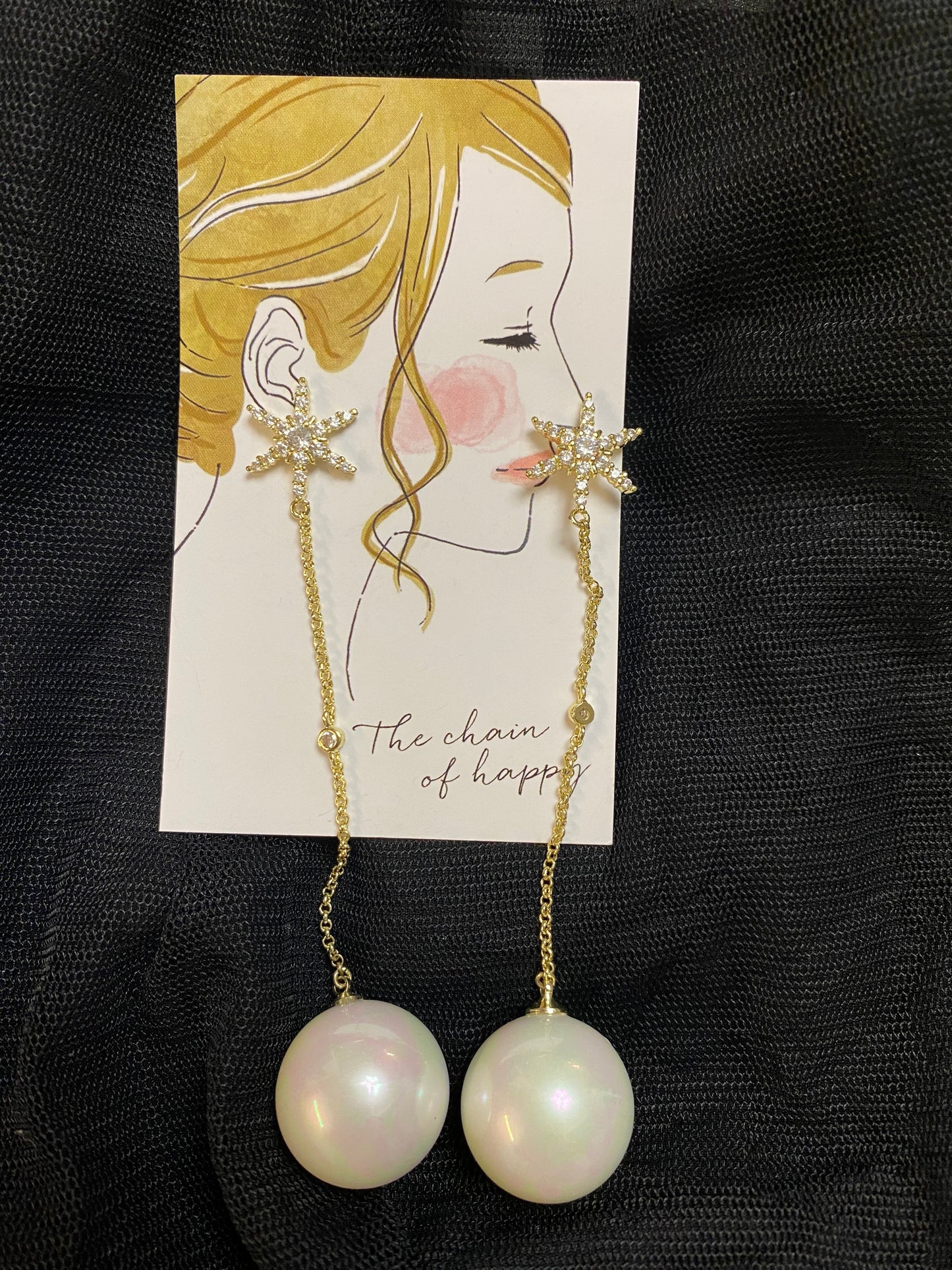 パール付きロングチェーンピアス