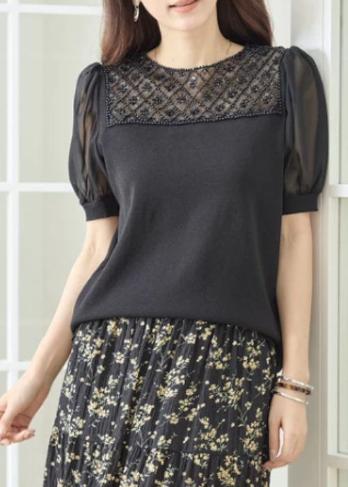 異素材ビーズ半袖セーター