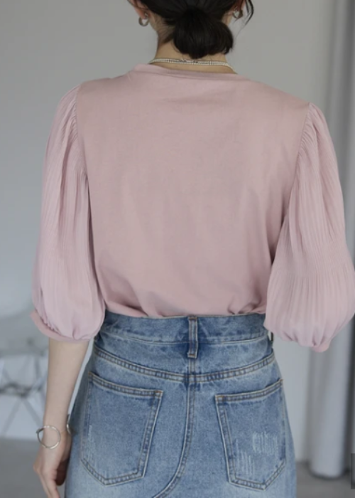 お袖ふんわりプリーツ5分袖Tシャツ