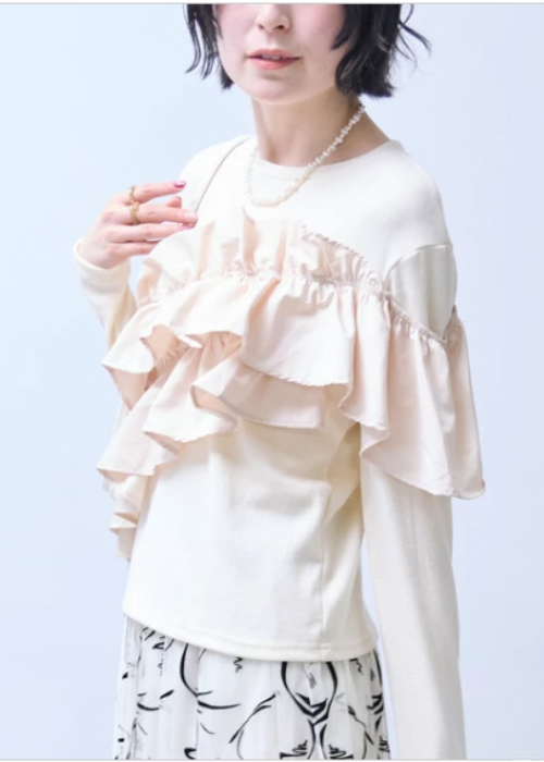 異素材フリル長袖トップス