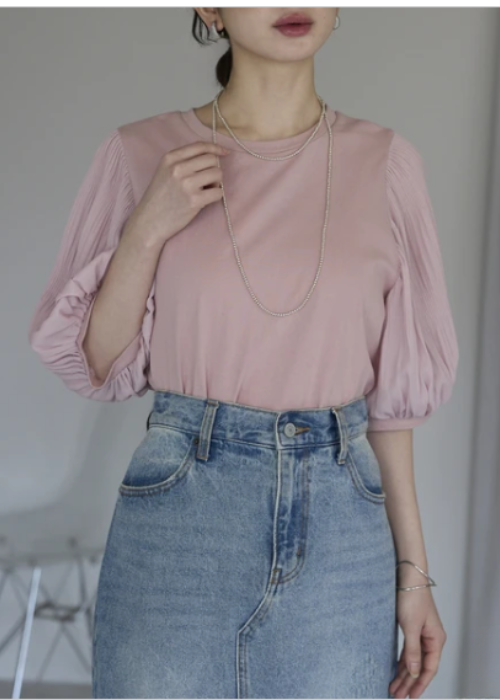 お袖ふんわりプリーツ5分袖Tシャツ