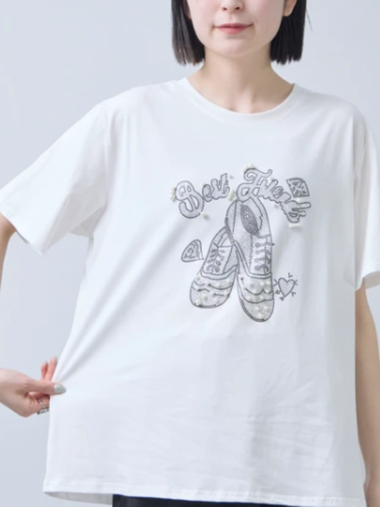 パール＆ビジューシューズ柄Tシャツ