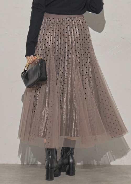 ラメ入りドット＆チュールロングスカート