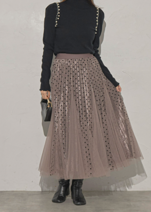 ラメ入りドット＆チュールロングスカート