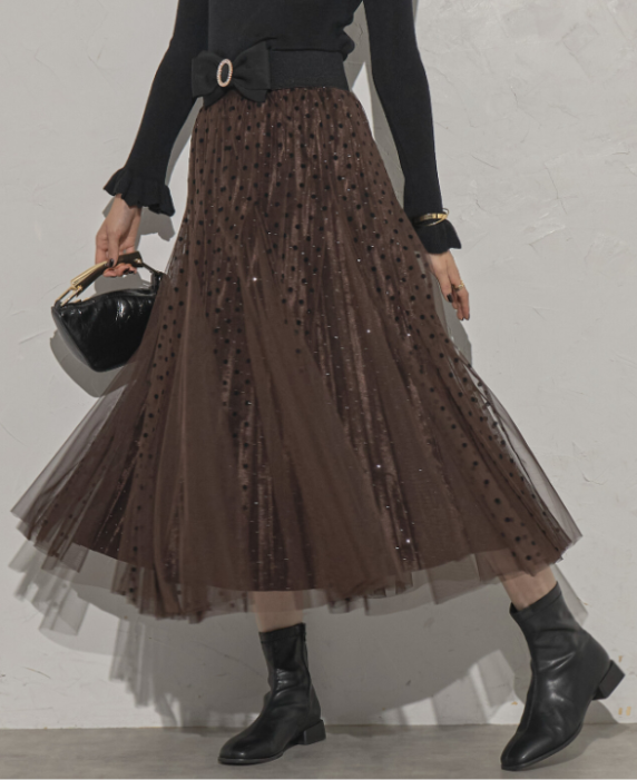 ラメ入りドット＆チュールロングスカート