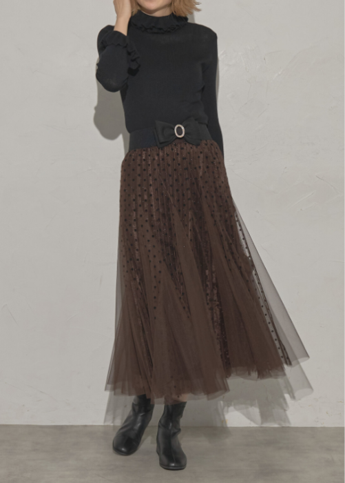 ラメ入りドット＆チュールロングスカート