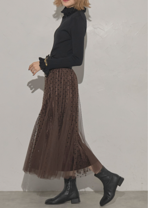 ラメ入りドット＆チュールロングスカート