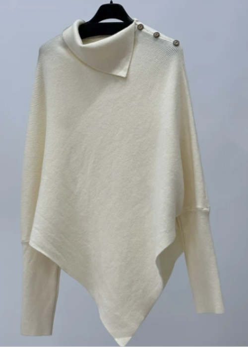 肩飾りボタン付襟変形ドルマンニットプルオーバー