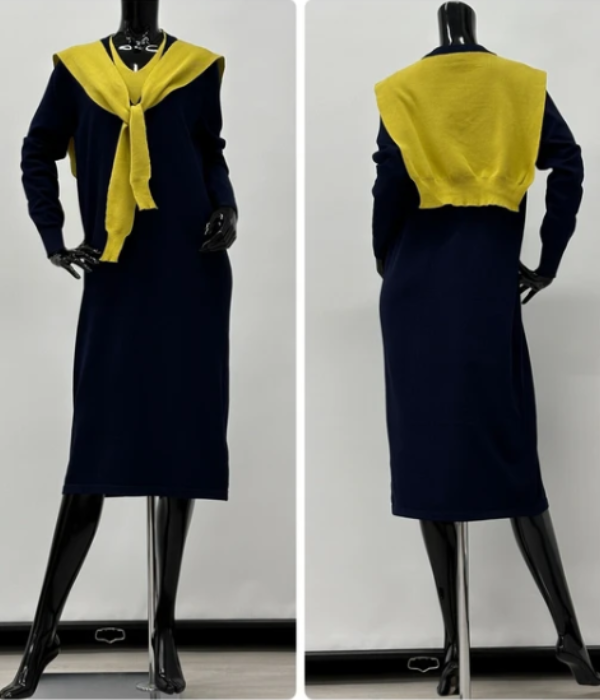 Vネック配色ニットワンピ・カーディガン風スカーフ