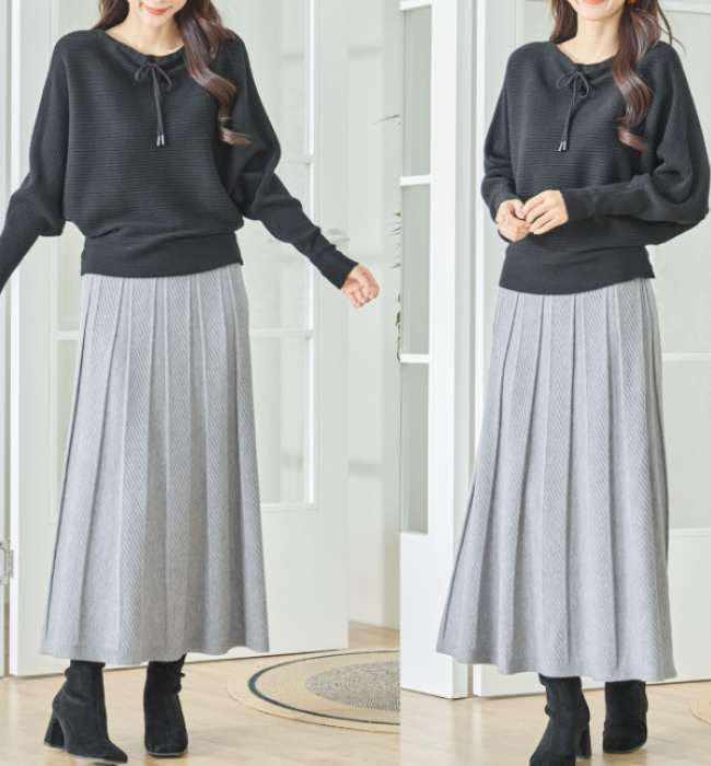 襟元リボンドルマンスリーブセーター