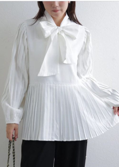 袖＆裾プリーツ切り替えリボンブラウス(2way)