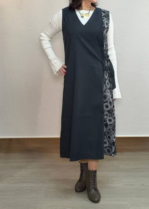 ゴブラン柄アシメ切替深Vジャンスカ