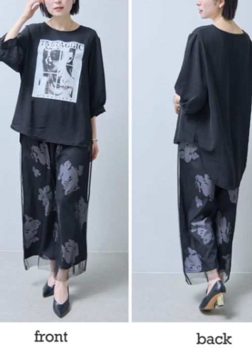 モノトーンボリューム袖Tシャツフォトプリント