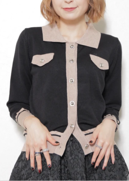 襟付き配色ニットカーディガン