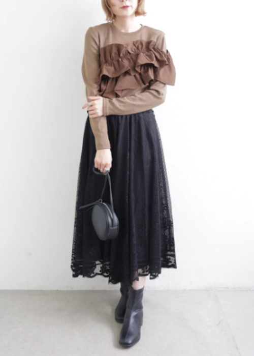 異素材フリル長袖トップス
