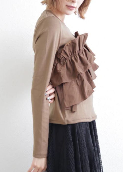 異素材フリル長袖トップス