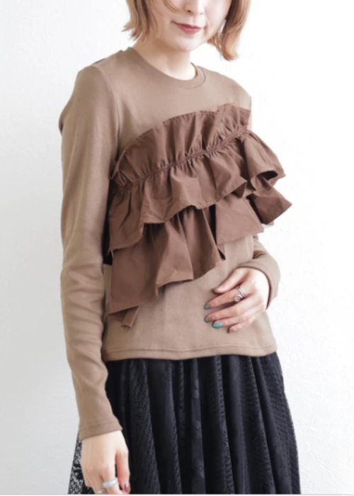 異素材フリル長袖トップス