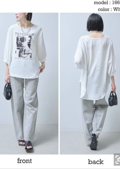 モノトーンボリューム袖Tシャツフォトプリント