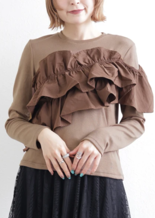 異素材フリル長袖トップス