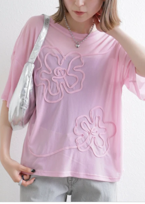 花コード刺繍 ルーズ シアー Tシャツ