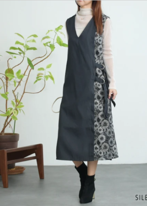 ゴブラン柄アシメ切替深Vジャンスカ