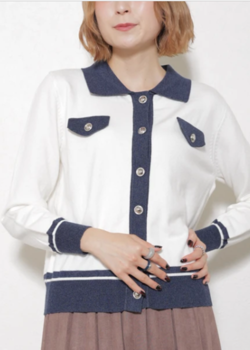 襟付き配色ニットカーディガン