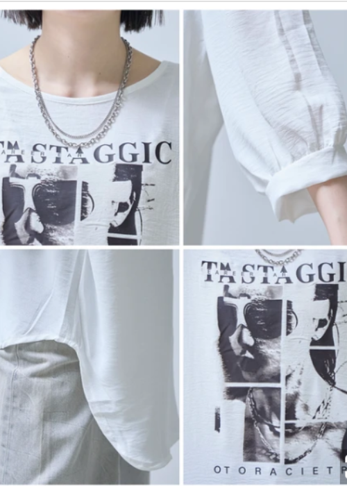 モノトーンボリューム袖Tシャツフォトプリント