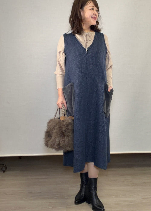 襟元リボンドルマンスリーブセーター