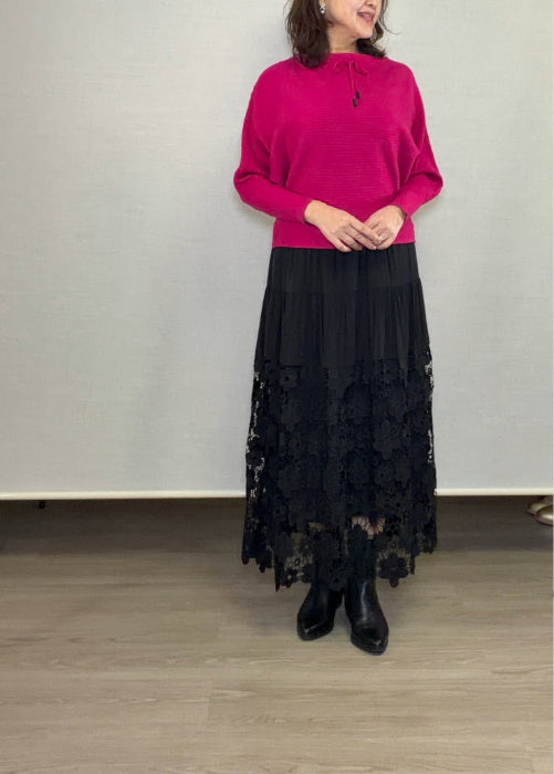 襟元リボンドルマンスリーブセーター